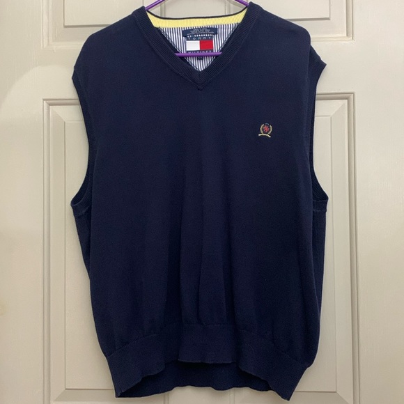 Vintage Tommy Hilfiger crest sweater vest cotton navy blue XL - Picture 1 of 3